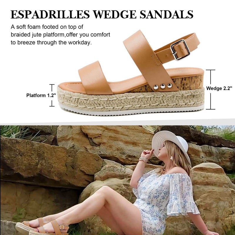 Athlefit Women's Espadrilles Platform Wedge Sandals Casual Open Toe Ankle Strap Buckle Summer Sandals, Khaki, Size 9.5, AD00502 - Image 3